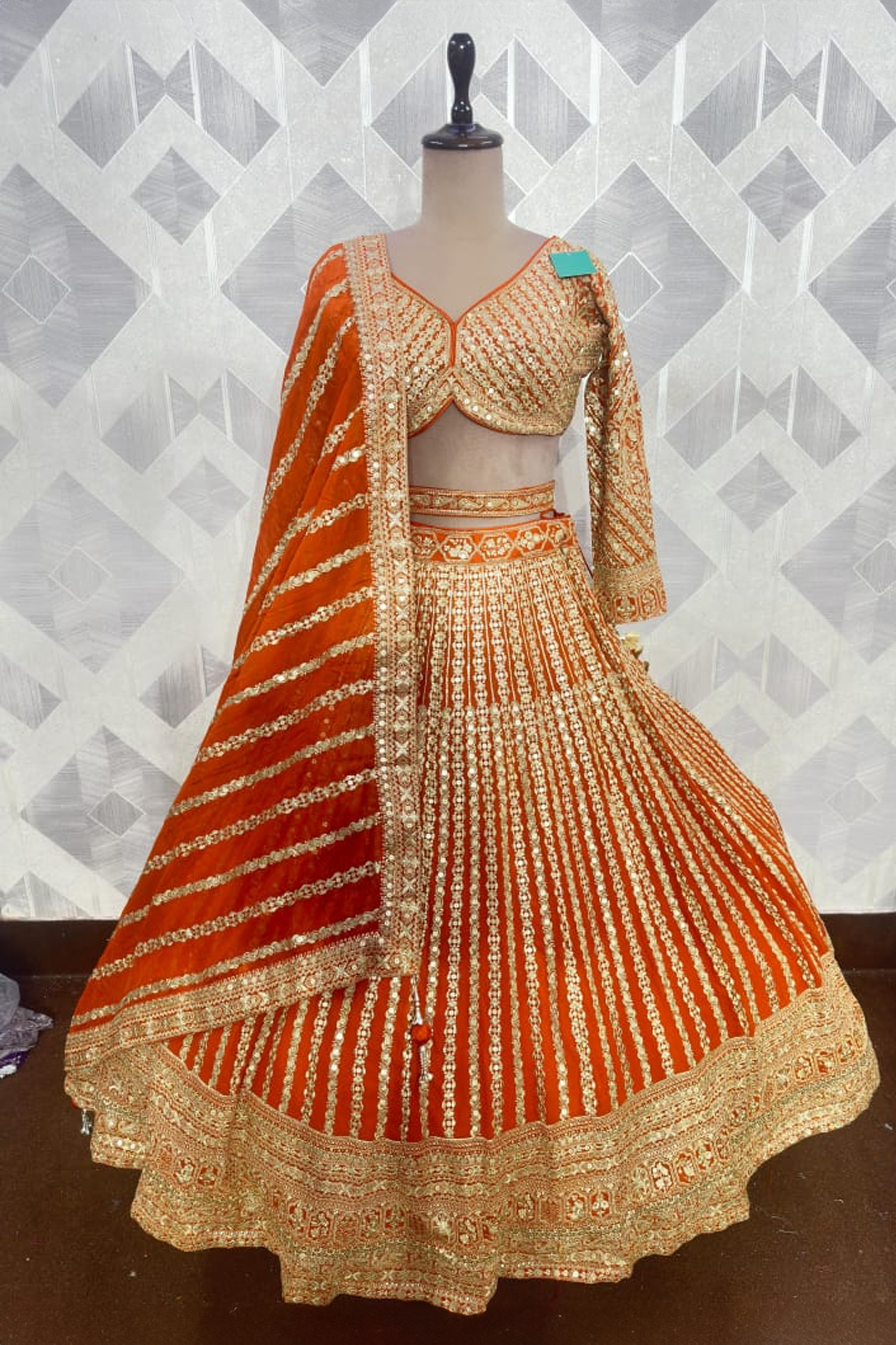 Orange Chikankari Crop Top and Skirt Set