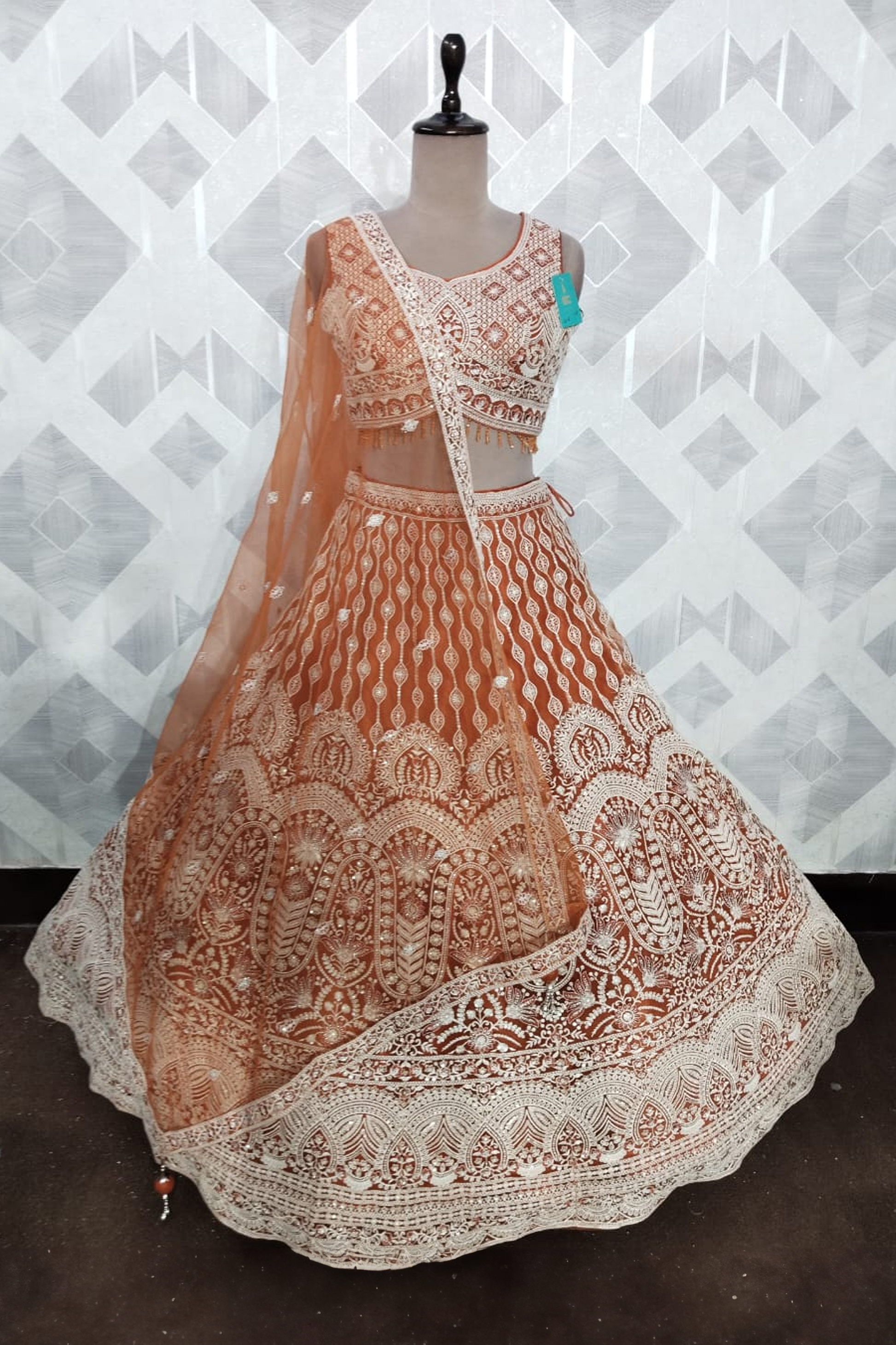 Orange Crop Top Skirt With Dupatta Set