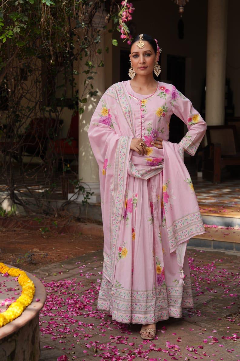 Powder Pink Anarkali Cotton Suit with Shrug