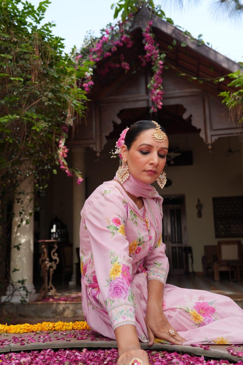 Powder Pink Anarkali Cotton Suit with Shrug